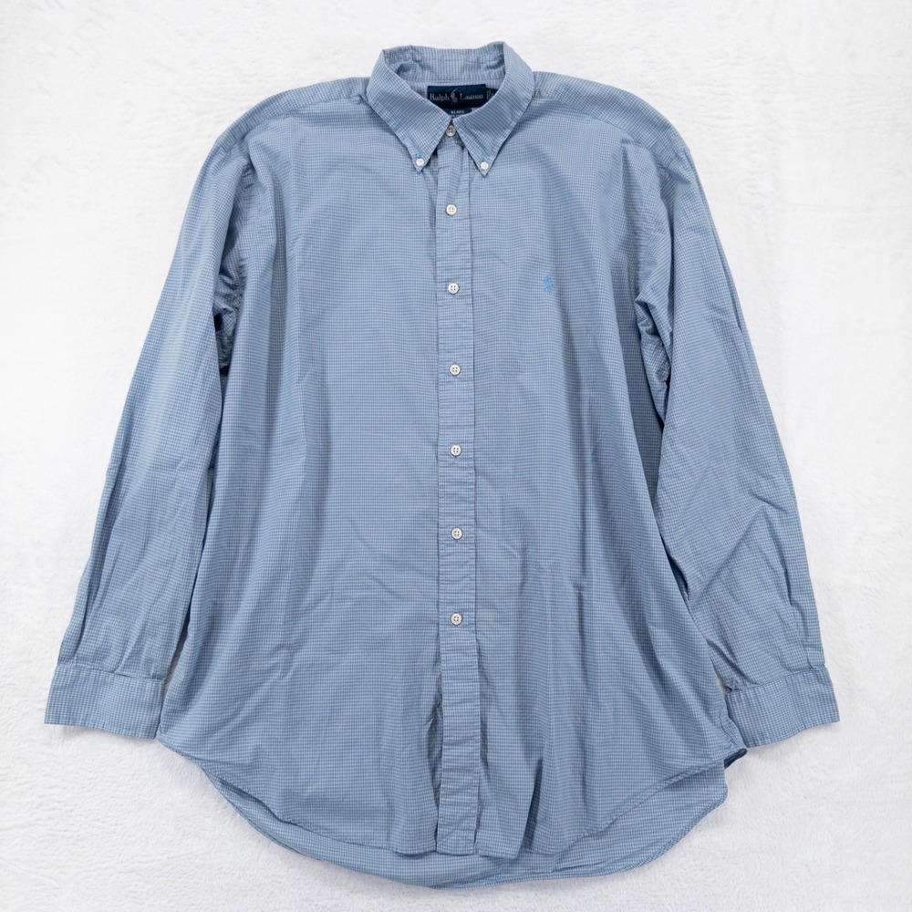 Ralph Lauren Mens Button Down Shirt Large Blue Check Blake Cotton Long Sleeve